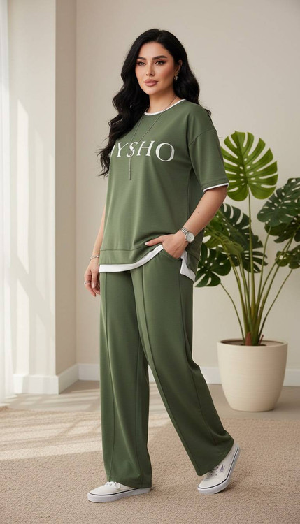 ست تیشرت و شلوار زنانه گلکسی پنبه درجه ۱ مدل OYSHO رنگ موکا آروما فشن