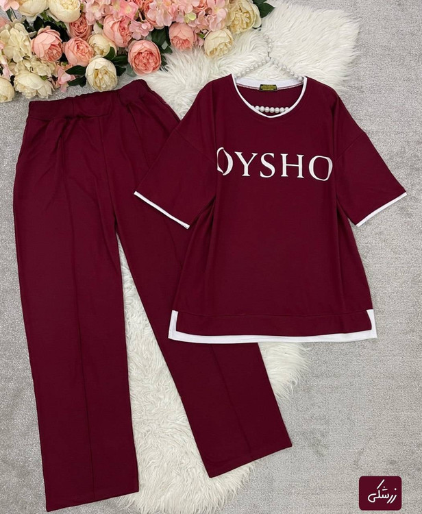 ست تیشرت و شلوار زنانه گلکسی پنبه درجه ۱ مدل OYSHO رنگ یشمی آروما فشن