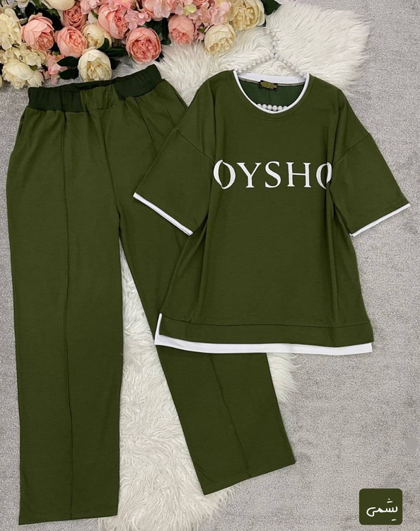 ست تیشرت و شلوار زنانه گلکسی پنبه درجه ۱ مدل OYSHO رنگ خردلی آروما فشن