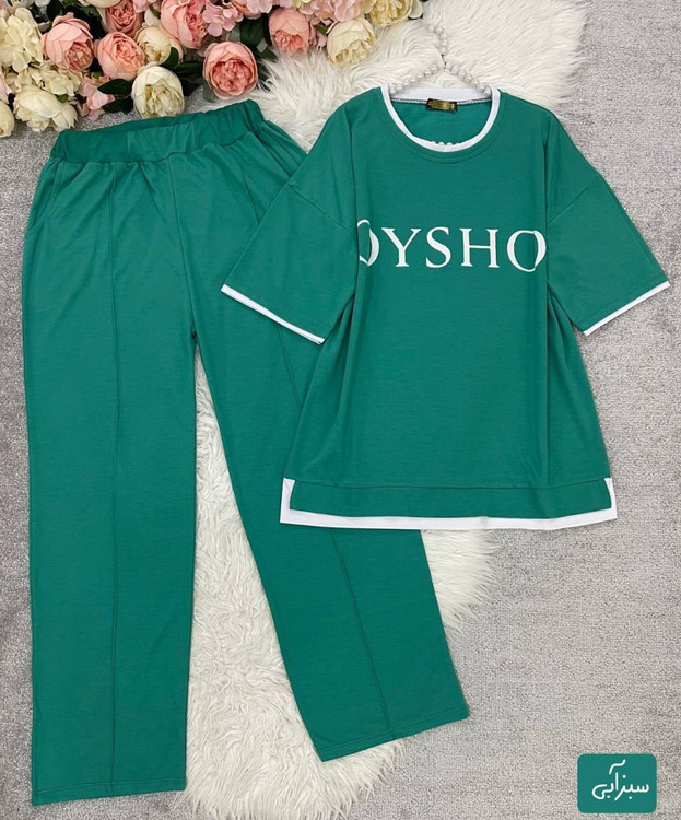 ست تیشرت و شلوار زنانه گلکسی پنبه درجه ۱ مدل OYSHO رنگ سدری تیره آروما فشن