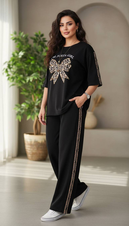 قیمت ست تیشرت و شلوار زنانه طوسی مدل پاپیون جنس گلکسی درجه یک