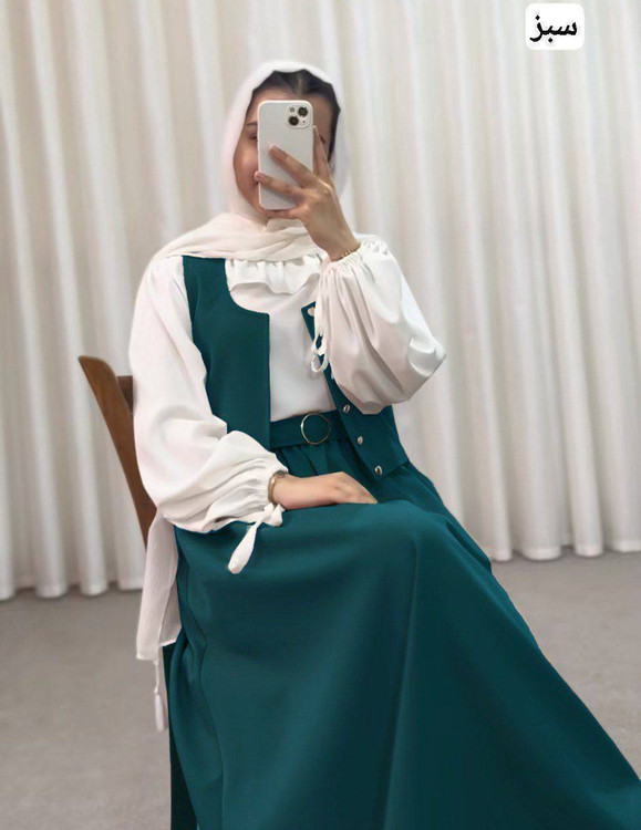 ست سه تیکه آرینا مدل عروسکی با جلیقه و دامن مازراتی سبز و شومیز سفید الیزه - پوشاک آروما فشن