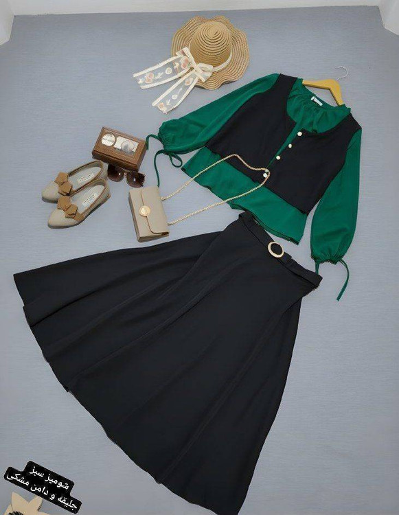 ست سه تیکه آرینا مدل عروسکی با جلیقه و دامن مازراتی مشکی و شومیز سفید الیزه - پوشاک آروما فشن