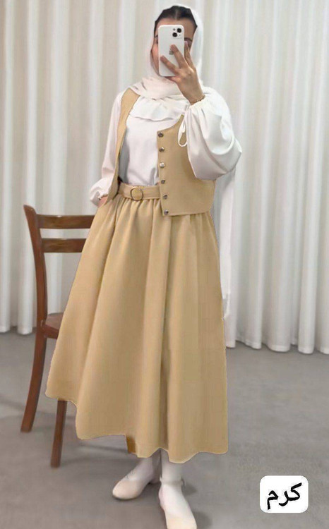 ست سه تیکه آرینا مدل عروسکی با جلیقه و دامن مازراتی کرم و شومیز سفید الیزه - پوشاک آروما فشن