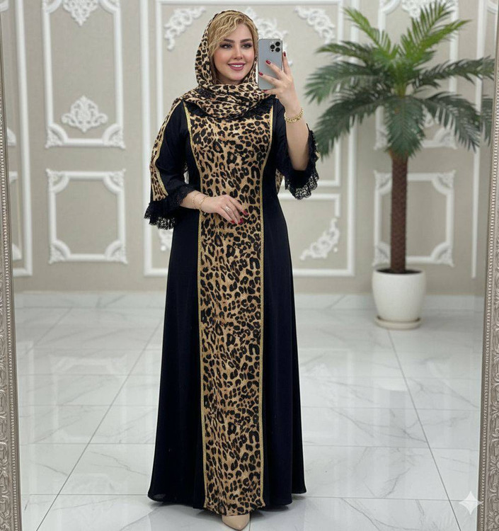 نمای نزدیک ماکسی مدل مهرنیا k طرح پلنگی مشکی پوشاک آروما فشن