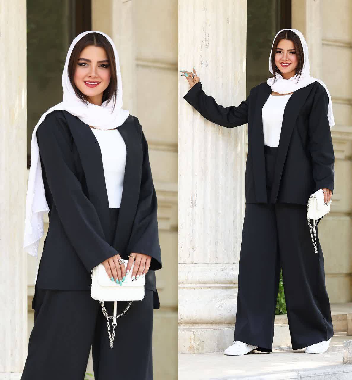 کت شلوار ماریاk مجلسی زنانه شیک رنگ مشکی جنس پرشیا آروما فشن aromafashion.ir