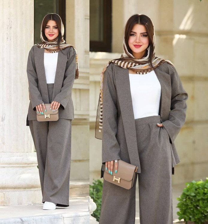 ست کت و شلوار زنانه مدل ماریاk رنگ طوسی مناسب استایل رسمی و مجلسی آروما فشن