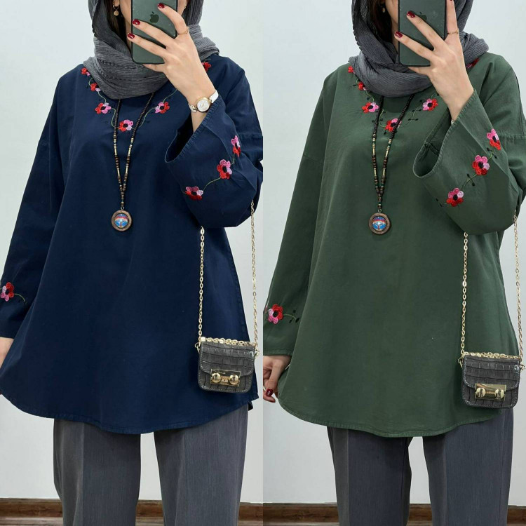 شومیز گل محمدی گلدوزی شده آروما فشن رنگ مشکی با جنس الیاف خنک و باکیفیت