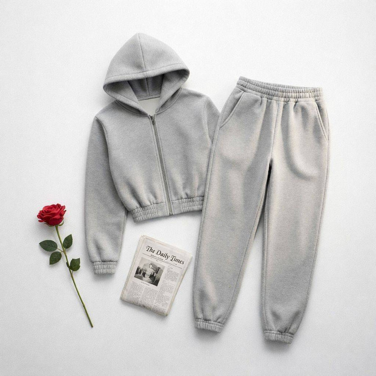 نمای نزدیک از جنس پارچه کرکی ست سویشرت و شلوار زنانه با کیفیت تضمینی و تنخور عالی آروما فشن