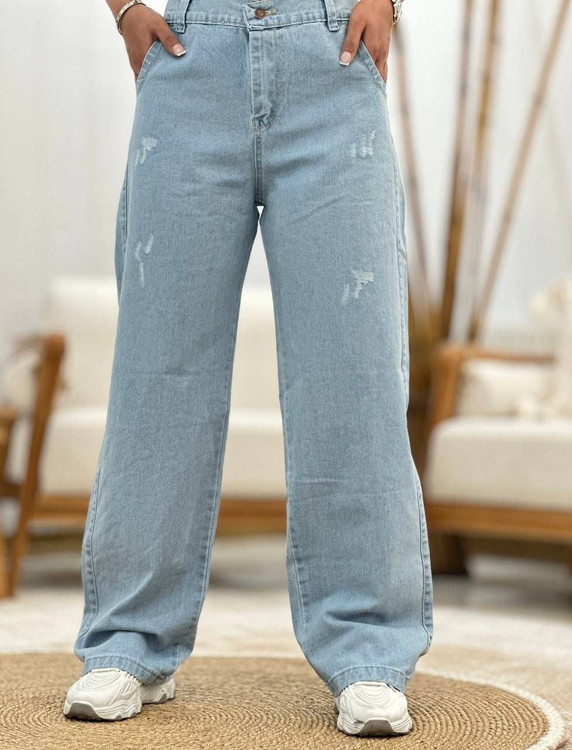 شلوار بگ جین قهوه ای دخترانه کمر کشی سنگشور شده آروما فشن