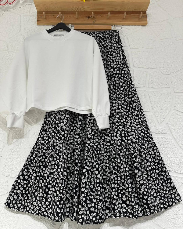 خرید ست شومیز دامن مستانه N جنس بوگاتی مزونی شیک آروما فشن مشکی