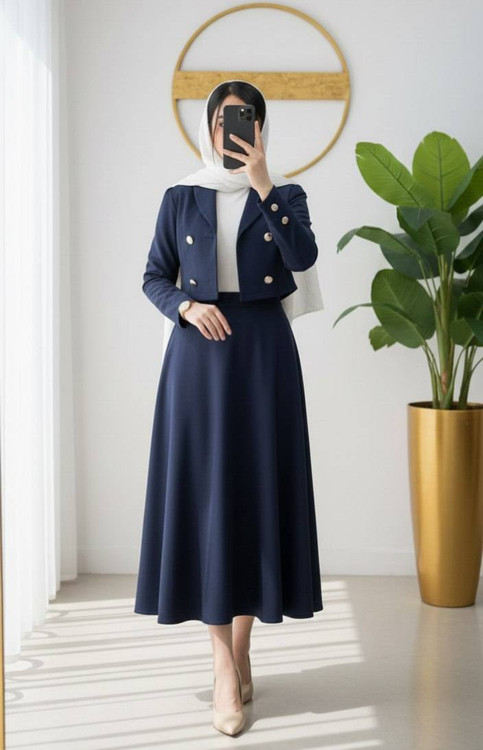 کت و دامن دریا F رنگ سرمهای - لباس اداری شیک و باکیفیت آروما فشن