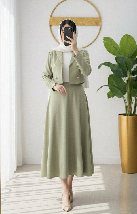 کت و دامن دریا F رنگ شتری و سبز ماچا - ست مجلسی زنانه با لایی پرشین