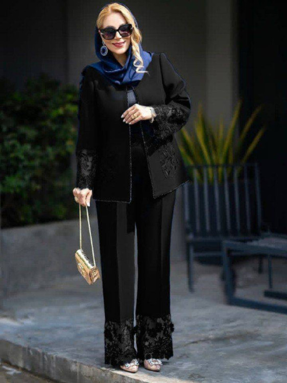 کت و شلوار مزونی زنانه با آستین گیپور دوزی - طرح گلهای متفاوت و لاییکوبی حرفهای