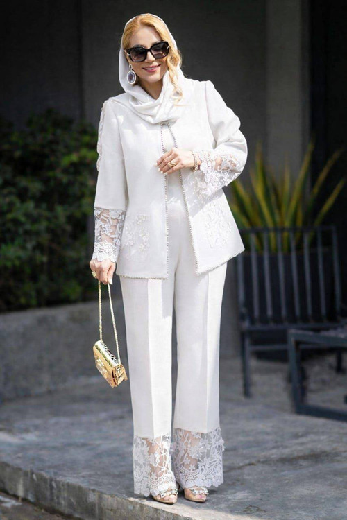 کت و شلوار جواهر دوزی سورمهای - قد کت ۸۰ و قد شلوار ۱۰۱ سانتیمتر با گیپور آستین و پاچه