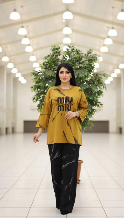 ست تیشرت شلوار پیسوله میو میو زنانه - جنس گلکسی نخ پنبه با کیفیت، فری سایز ۳۸ تا ۴۸، رنگ سدری، استایل راحت و شیک روزمره