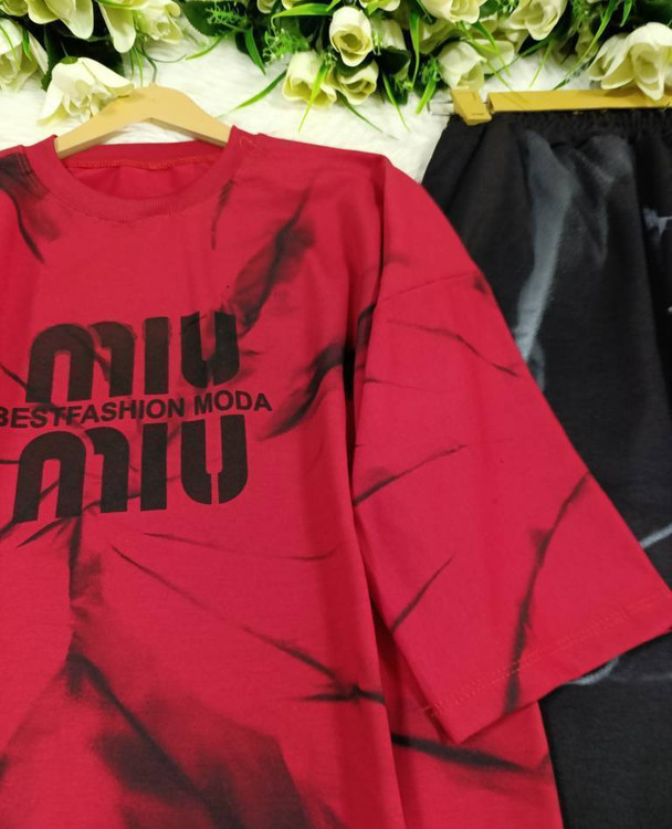 نمای جلوی ست تیشرت شلوار میو میو رنگ کالباسی - طرح پیسوله خاص با دوخت تمیز و پارچه نخ پنبه خنک