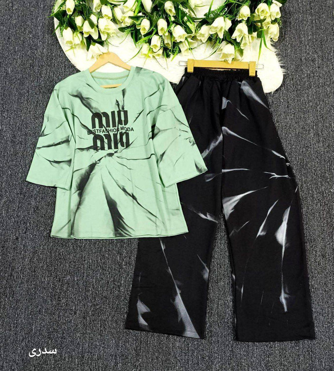 نمای کامل ست تیشرت شلوار میو میو رنگ سدری - ترکیب رنگ ملایم و طرح مدرن، ارسال سریع آروما فشن