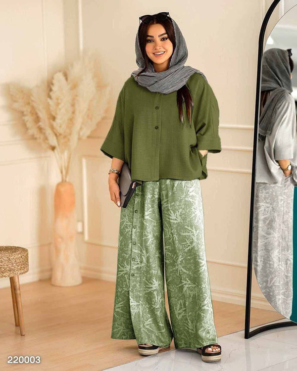 ست شومیز و شلوار ترانه زنانه - جنس شانتون درجه یک با آستین کیمانو و شلوار گازوئیلی، فری سایز مناسب ۳۸ تا ۶