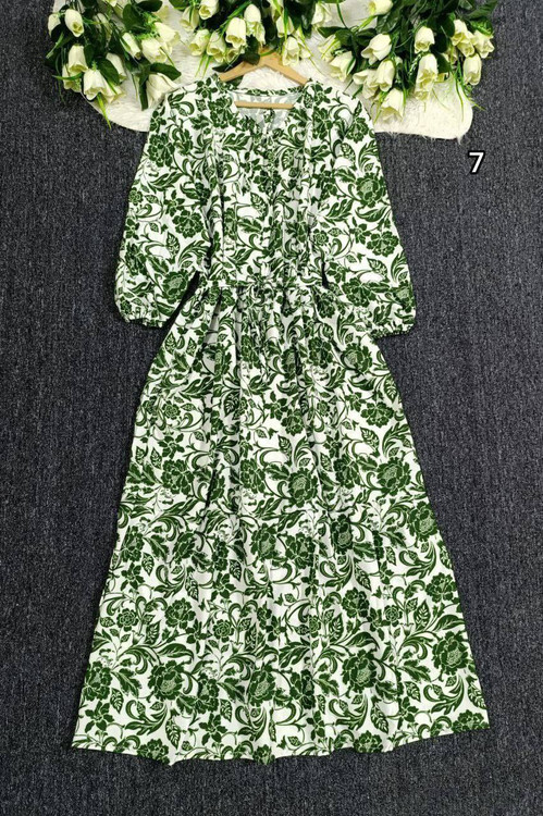 پیراهن زنانه طرح گلدار سبز آبی با کمربند تنظیم کمر