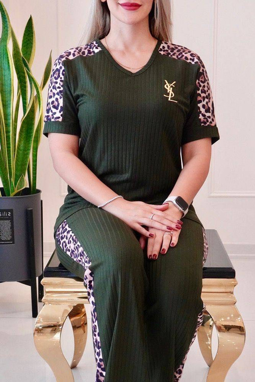 ست تیشرت و شلوار YSL پلنگی آکاردئونی زنانه - نمای اصلی