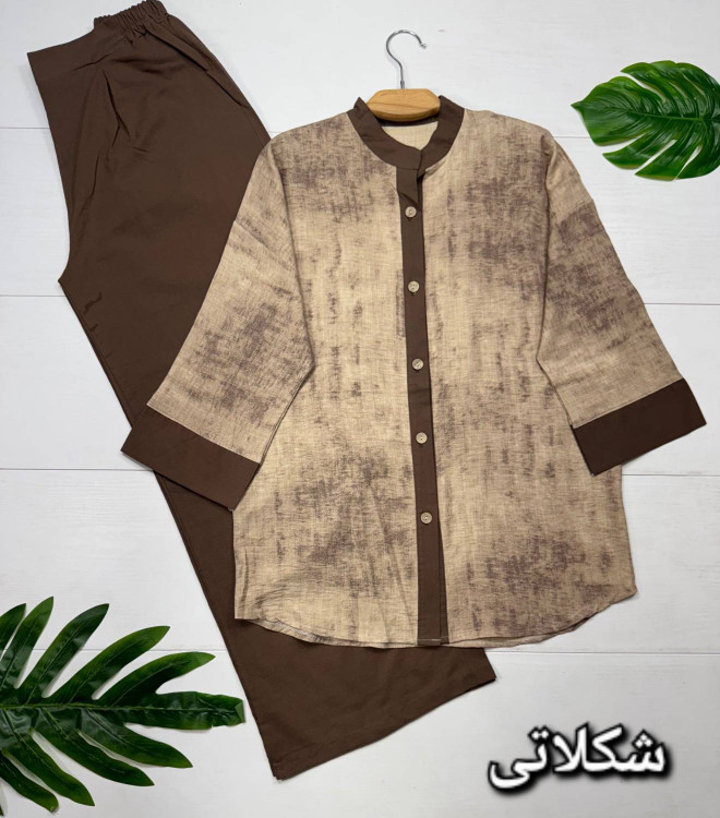 ست بهارمست F رنگ نسکافهای جنس گازوئیلی درجه یک شومیز دکمهدار زنانه