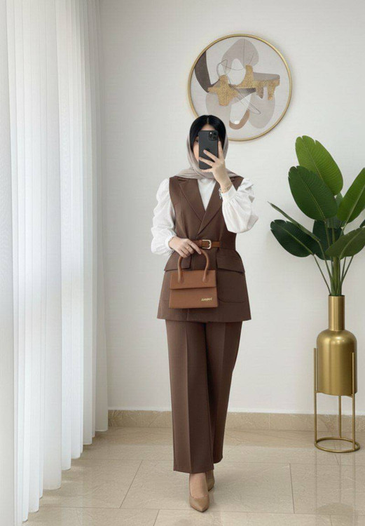 وست و شلوار مدل آیلین F موکا فری سایز - نمای کامل ست زنانه شیک