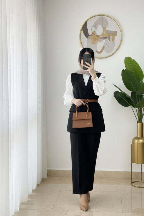 وست و شلوار آیلین F مشکی - نمای جلو و پشت ست مجلسی زنانه