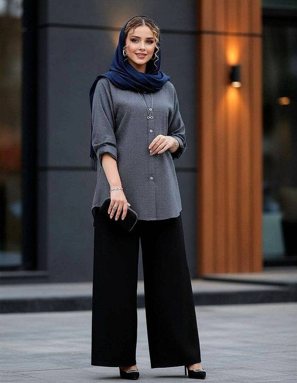 شومیز مجلسی نگینی F شانتون ژاکارد مشکی - نمای کامل محصول