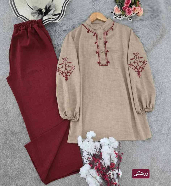 ست تونیک شلوار طوسی فری سایز جنس شانتون اصل - فروشگاه آروما فشن