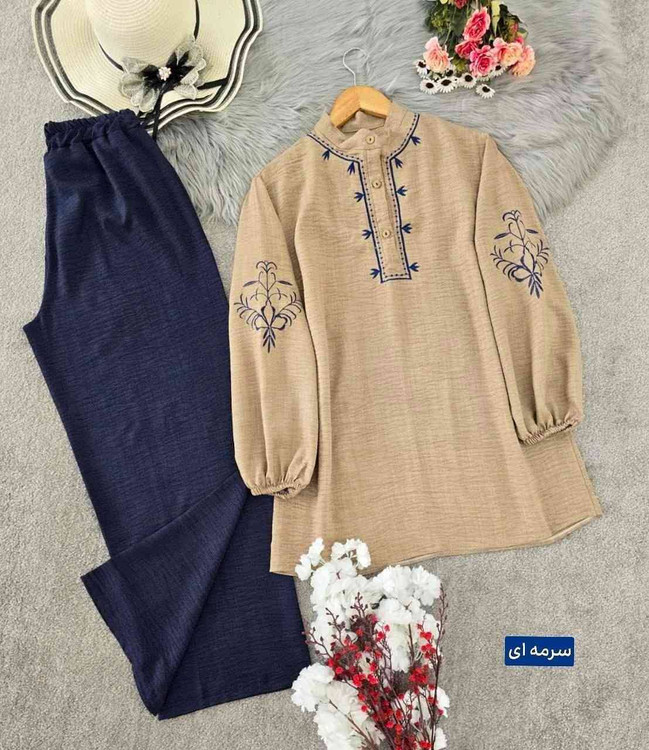 ست تونیک شلوار زنانه سرمهای شانتون گلدوزی شده - خرید آنلاین آروما فشن