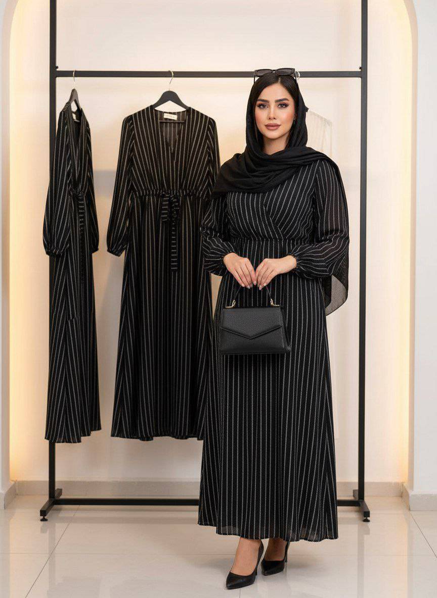 پیراهن حریر راه راه مشکی ماکسی زنانه آروما فشن