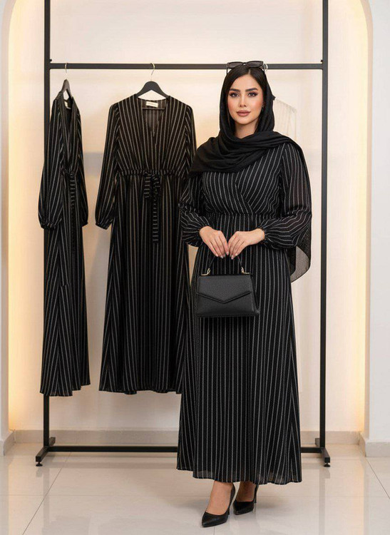 پیراهن حریر راه راه مشکی ماکسی زنانه آروما فشن