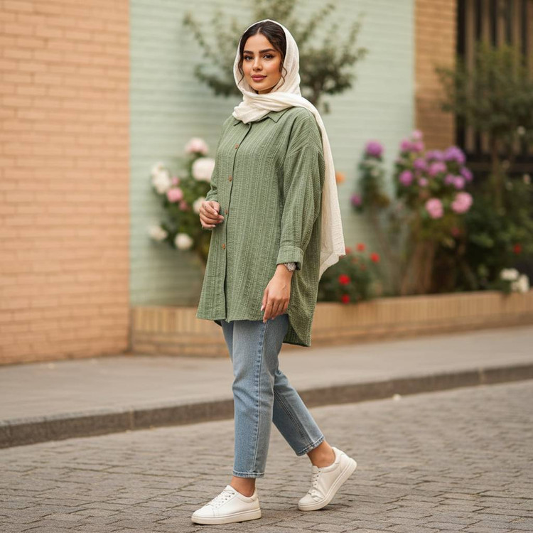 شومیز مانتویی الینا F شانتون کوک دوزی رنگ یشمی