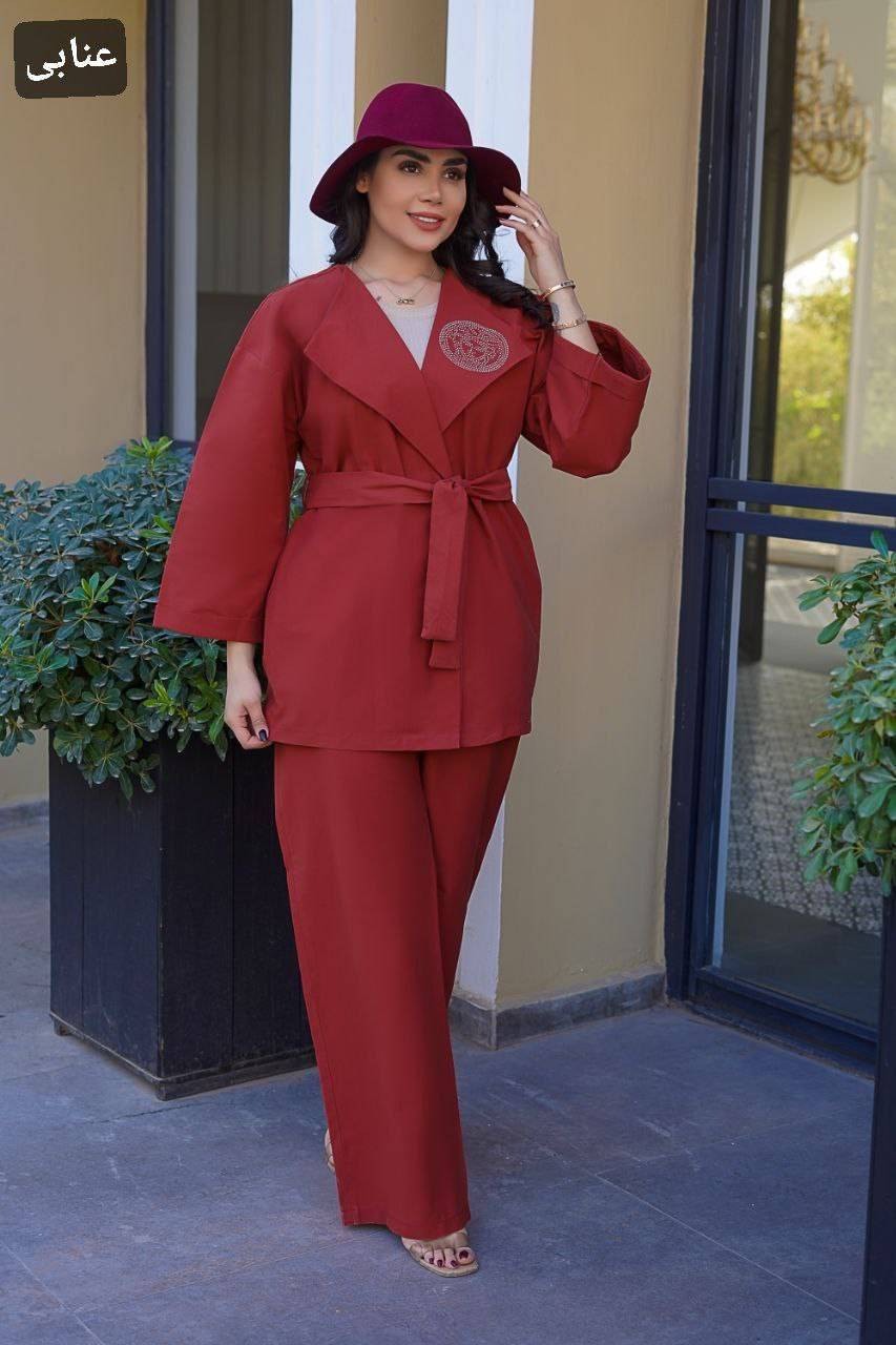 ست مانتو کتی و شلوار صباF رنگ عنابی کتان سیلک نگینکوبی - پوشاک آروما فشن