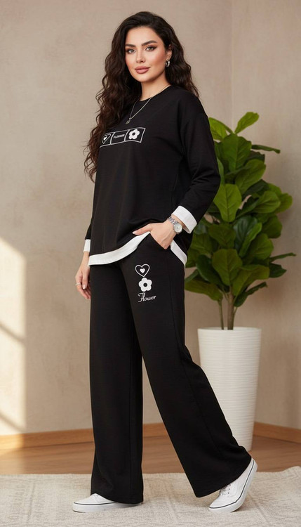 خرید ست دو تیکه زنانه گلکسی مدل F بلوز و شلوار بگ کمرکش آروما فشن مشکی