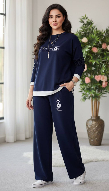 خرید ست دو تیکه زنانه گلکسی مدل F بلوز و شلوار بگ کمرکش آروما فشن سورمه ای