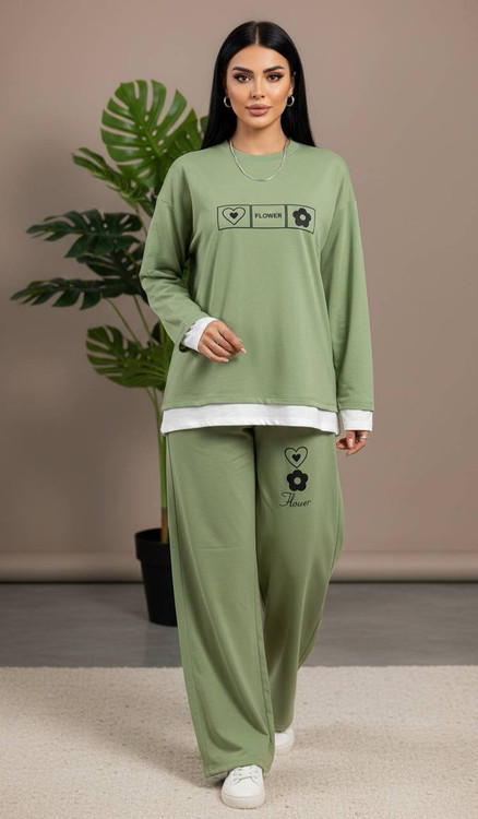 خرید ست دو تیکه زنانه گلکسی مدل F بلوز و شلوار بگ کمرکش آروما فشن سبز