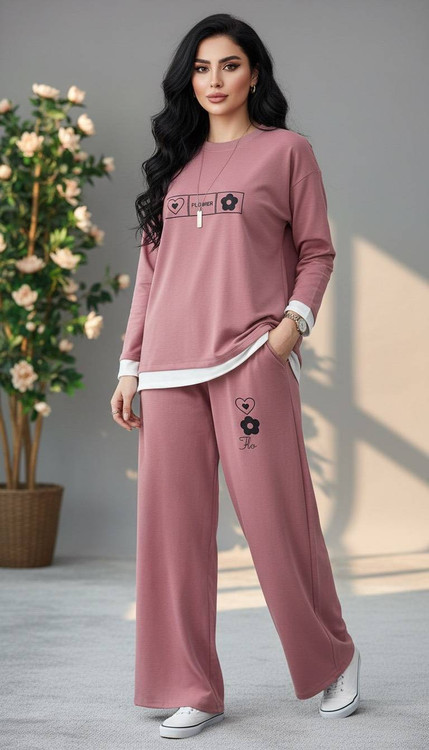 خرید ست دو تیکه زنانه گلکسی مدل F بلوز و شلوار بگ کمرکش آروما فشن کالباسی