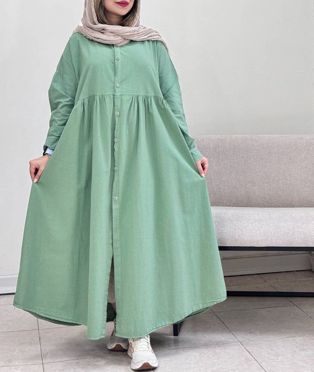 مانتو بلند دکمه دار زنانه پارچه لینن آنزیم شور شده فری سایز