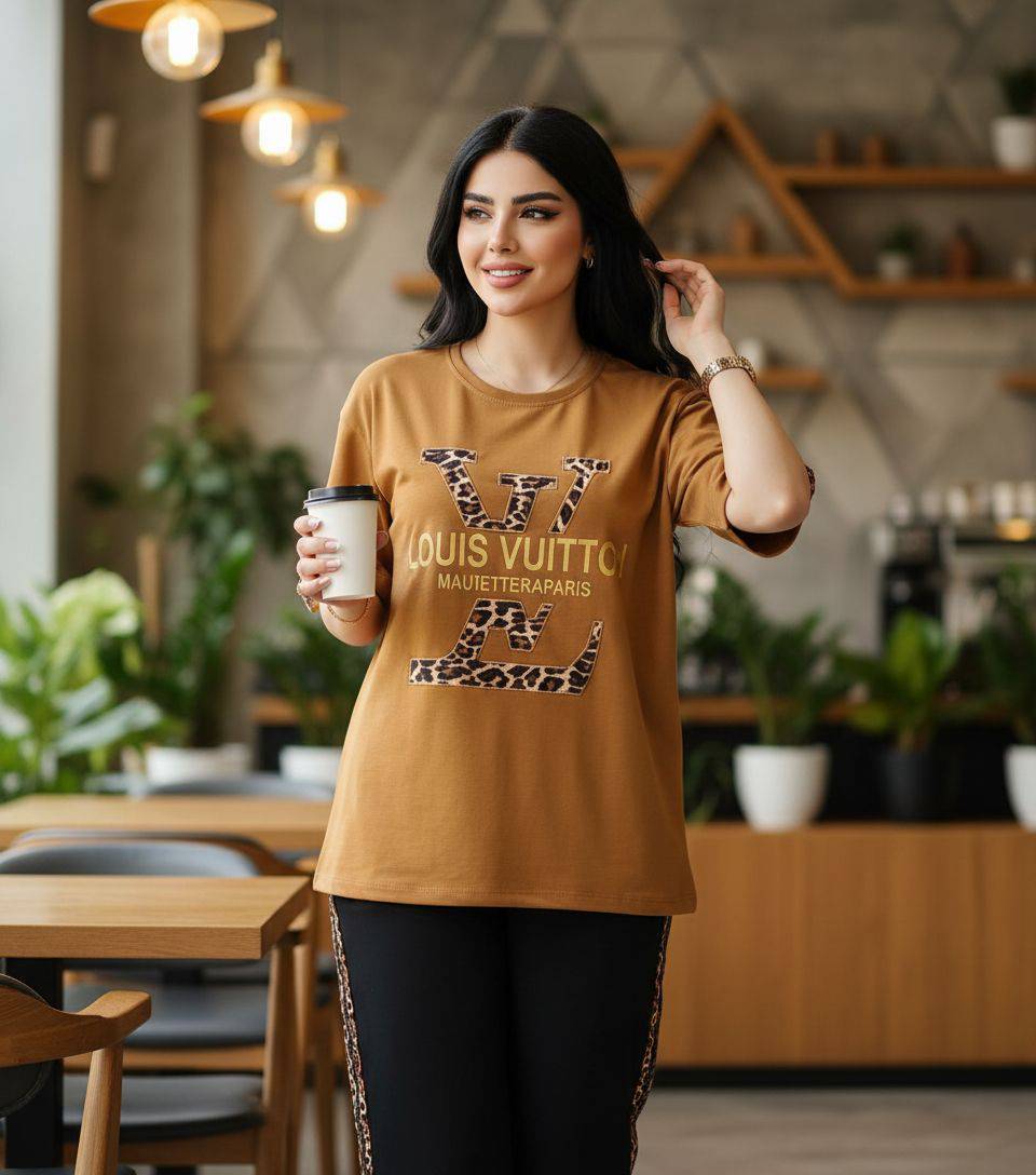 ست لویی ویتون پلنگی F زنانه - نمای کامل ست تیشرت و شلوار با طرح پلنگی لوکس و پارچه گلکسی پنبه