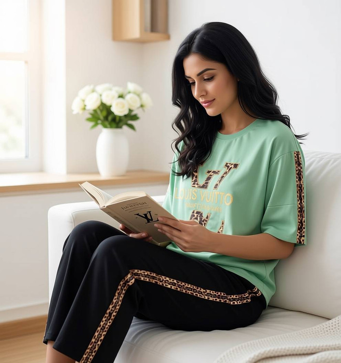 نمای نزدیک طرح پلنگی روی تیشرت ست لویی ویتون - جزئیات چاپ و کیفیت پارچه گلکسی پنبه درجه یک