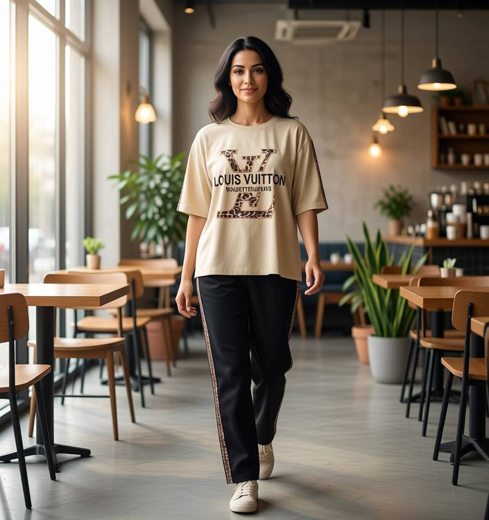 ست لویی ویتون پلنگی رنگ موکا - جزئیات دوخت تمیز و کیفیت پارچه بدون آبرفت و رنگدهی