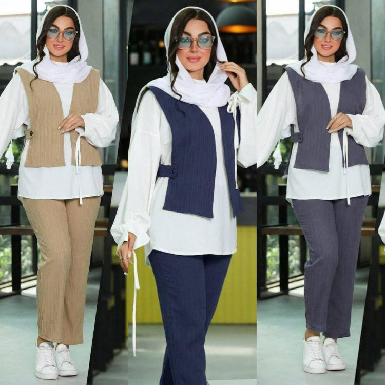 ست عفاف F - ست سه تیکه شومیز وست شلوار زنانه جنس آیوا داکرون آروما فشن