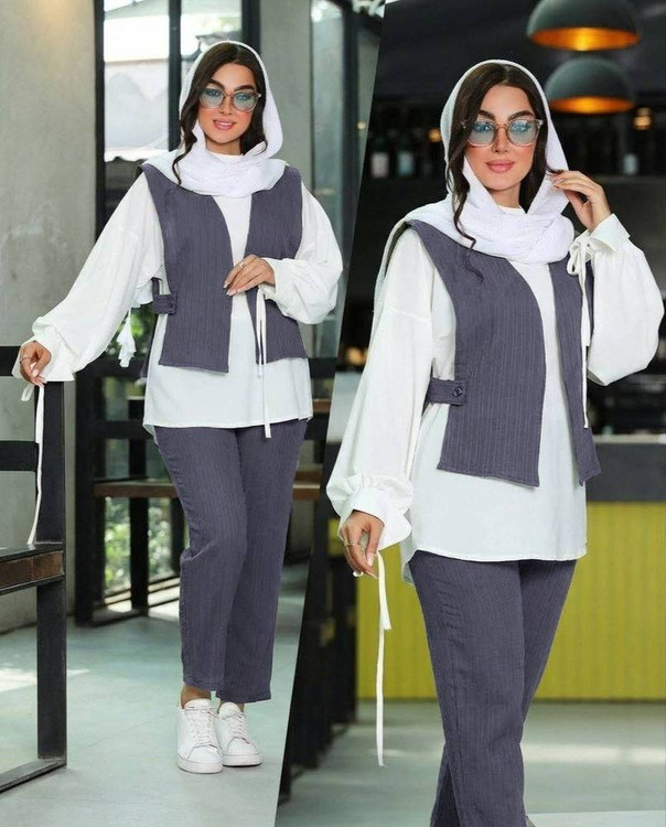 ست عفاف F رنگ نسکافه ای - شومیز وست و شلوار ست زنانه شیک