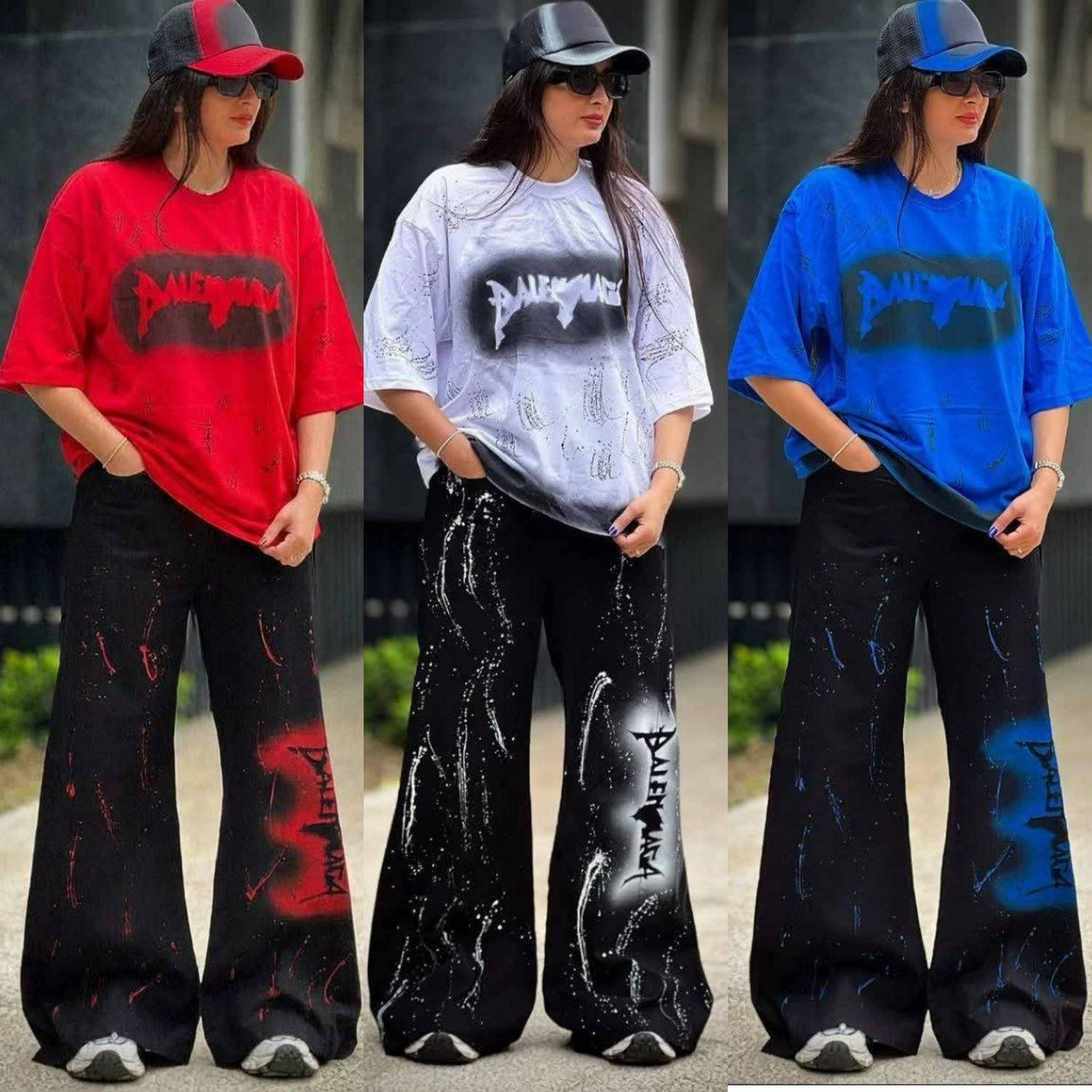 ست هانل H نخ پنبه آبی قواره دار با طرح گرافیتی - نمای کامل ست تیشرت و شلوار اسپرت زنانه