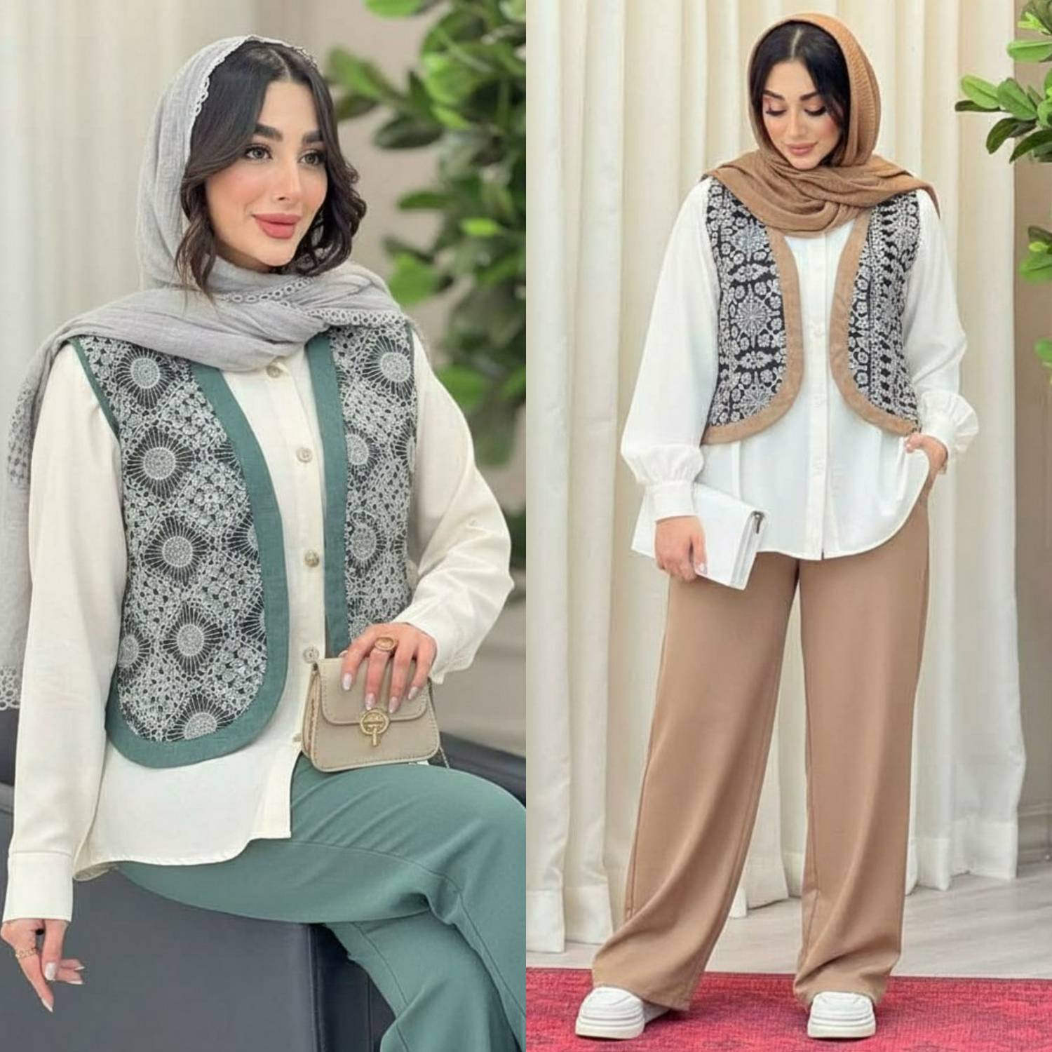 ست شومیز لنین و جلیقه خامه دوزی مدل سلما H - نسکافه ای و سبز روشن | آروما فشن