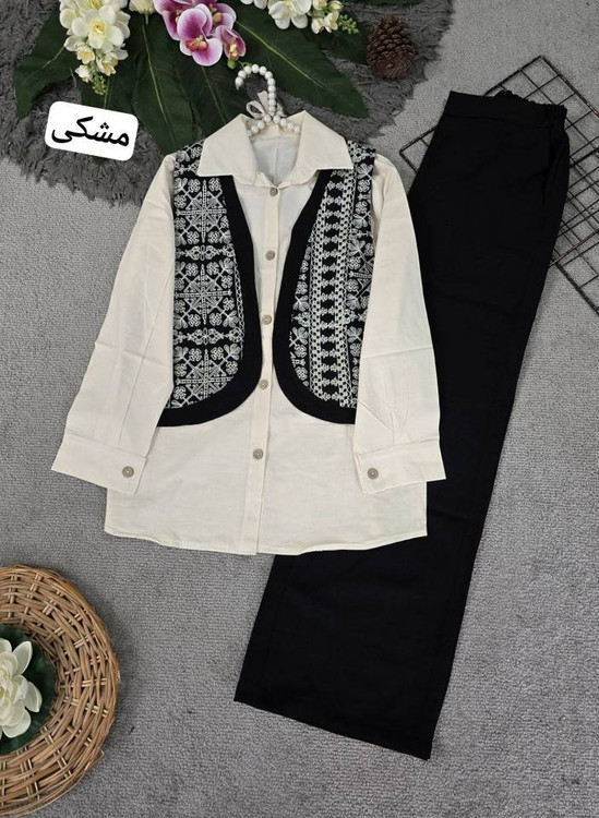 ست شومیز لنین مدل سلما H با شلوار ست - رنگ نسکافه ای | پوشاک زنانه آروما فشن