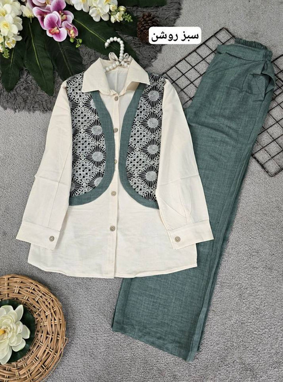 ست شومیز و جلیقه سلما H - رنگ سبز روشن با شلوار ست | استایل شیک مجلسی
