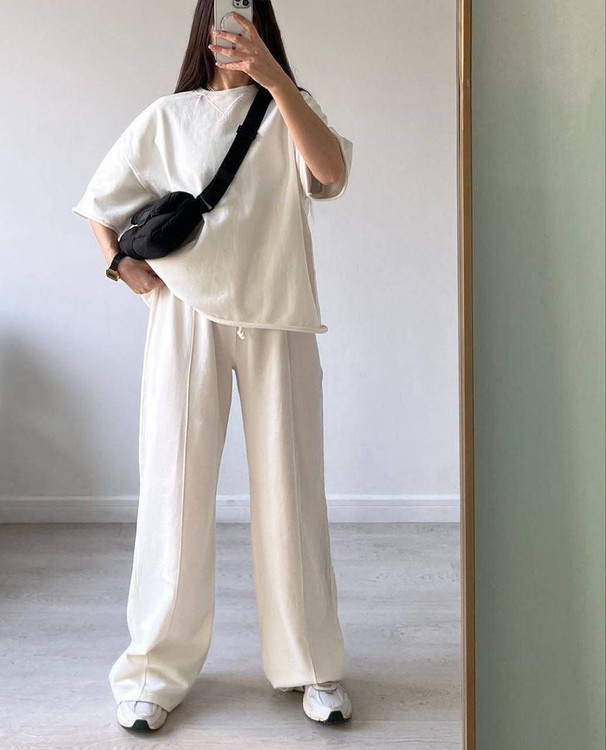 خرید ست تیشرت شلوار بگ بیسیک H با کیفیت تضمینی آرومافشن سفید